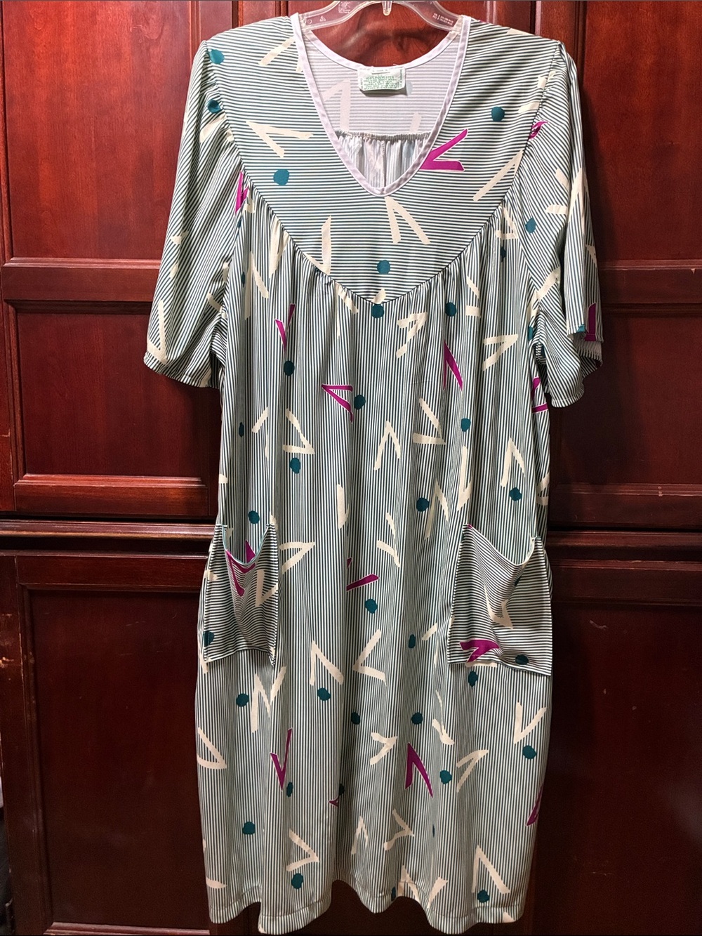 Casual vintage plus size Women's Teal Striped V-Neck Dress with Geometric Print